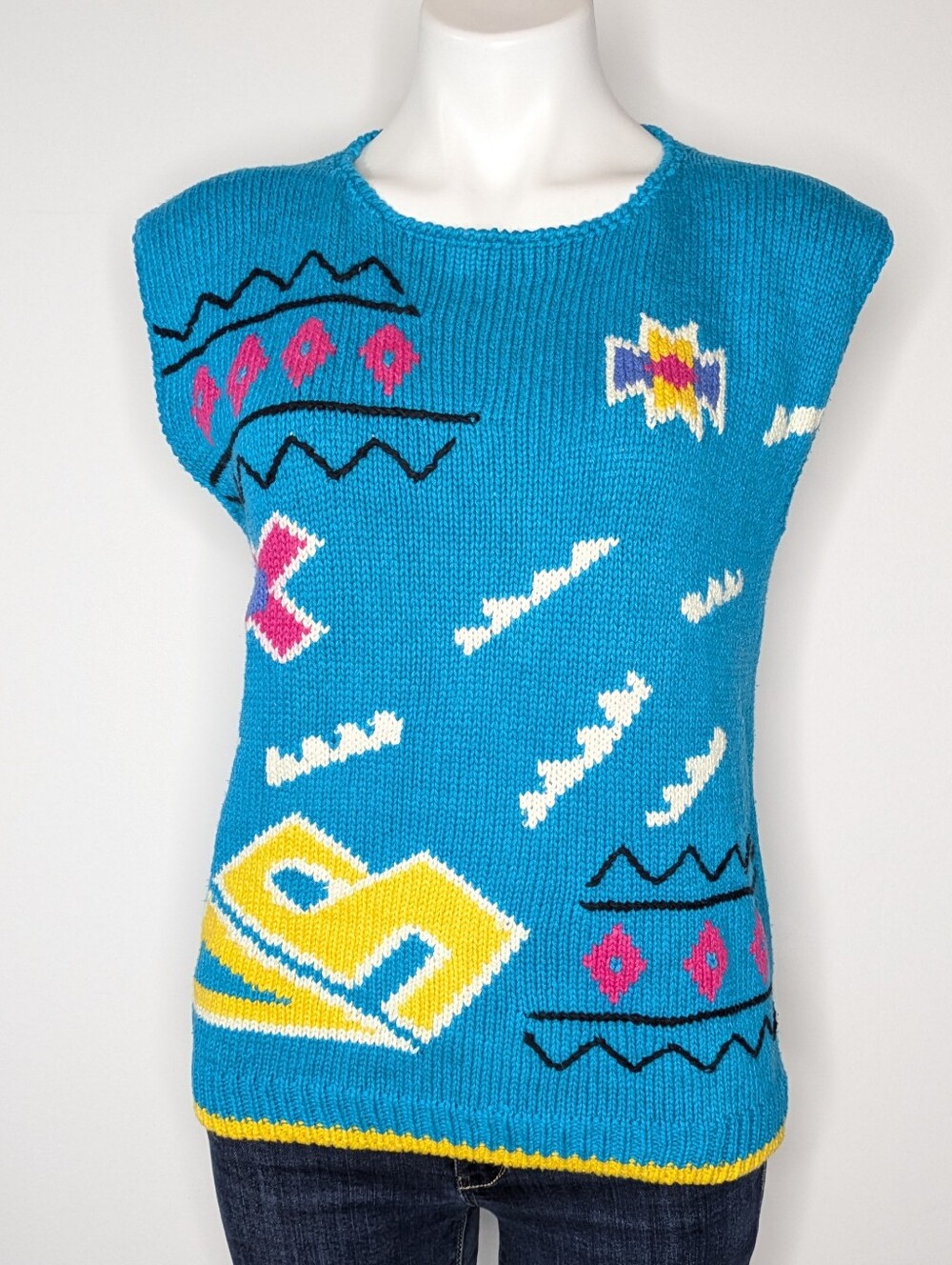 Vintage Chaus Blue Pink Yellow Abstract 80s 90s Knit Linen Cotton Sweater M